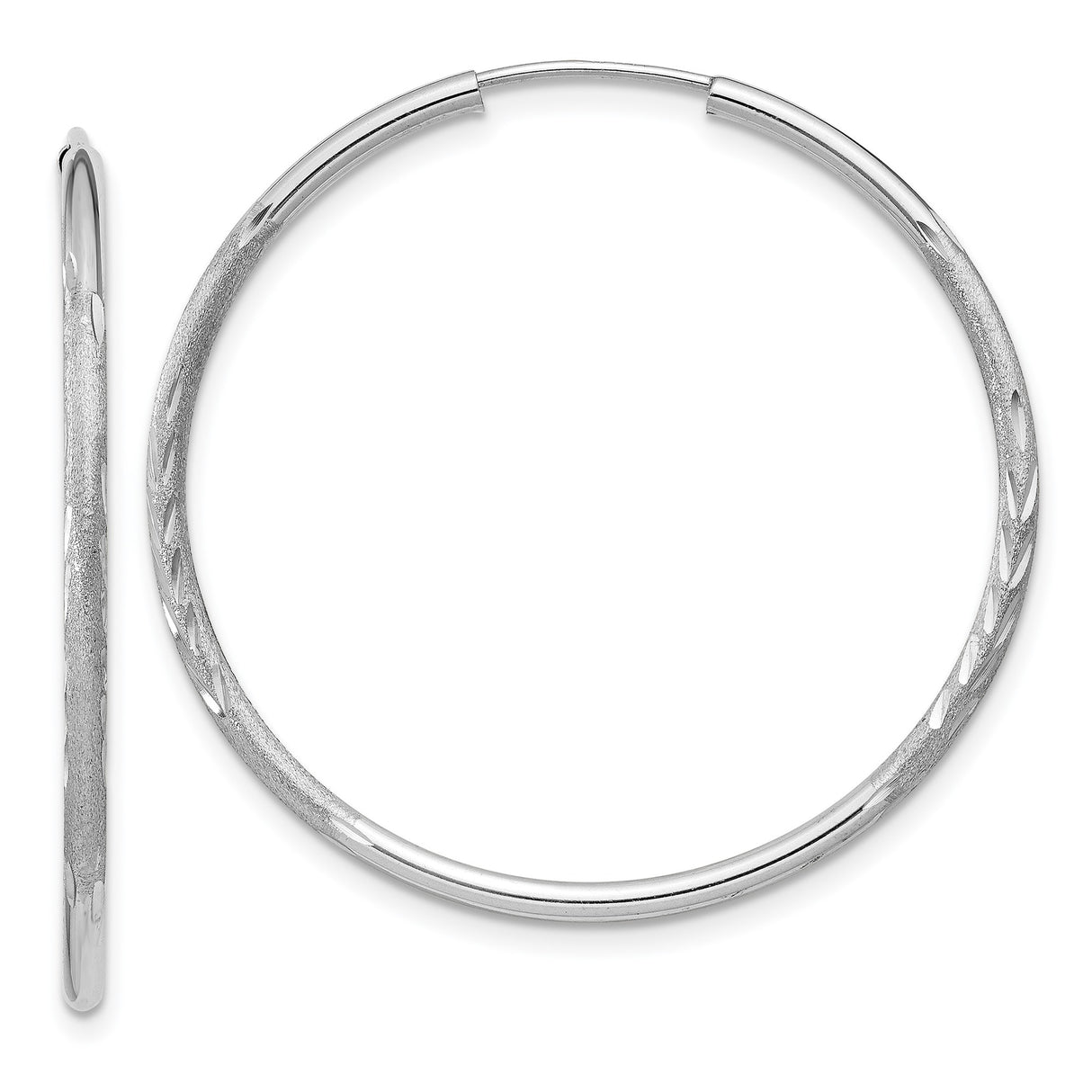 14k White Gold Hoop Earrings, Polished and Textured with Diamond Cut Detailing