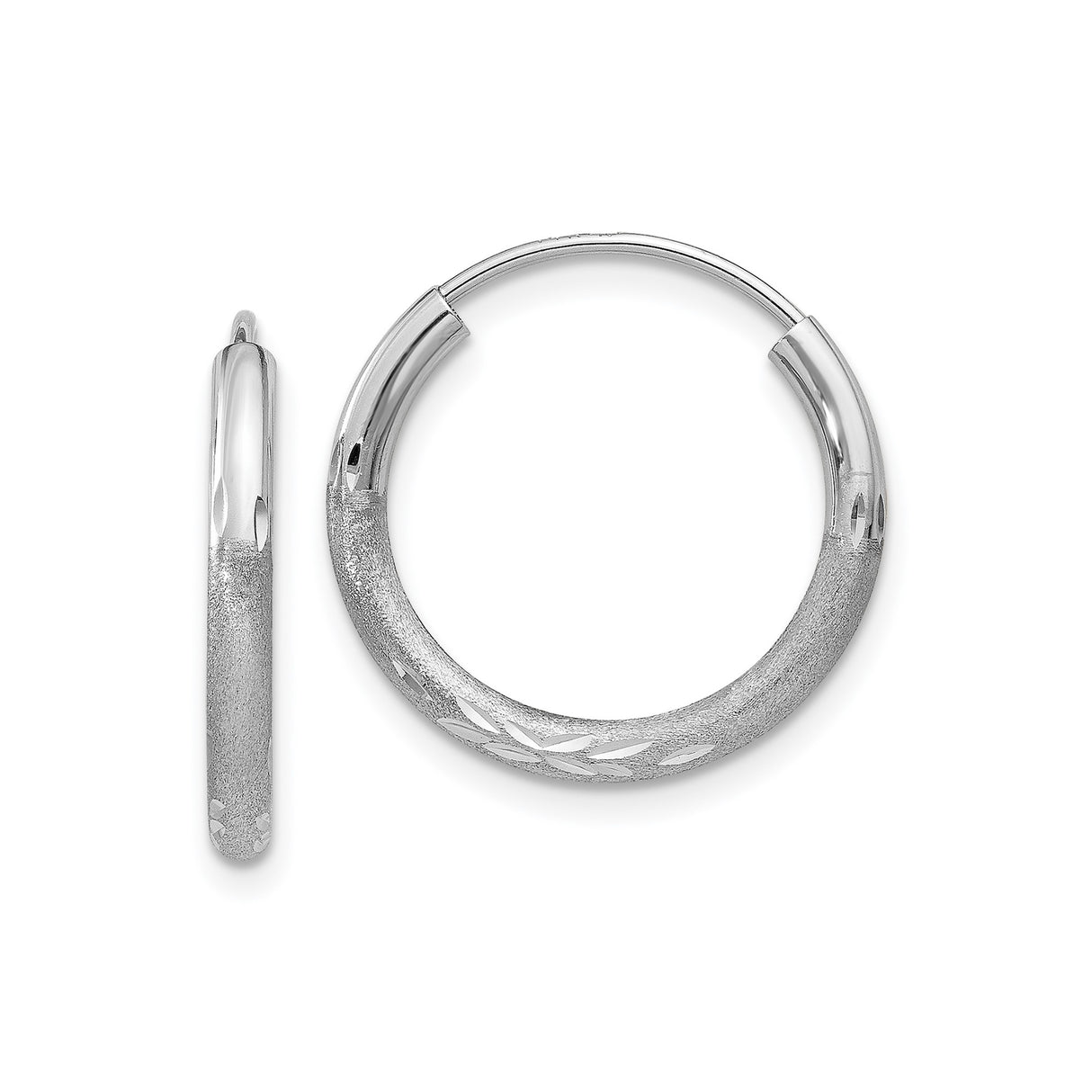 14k White Gold Hoop Earrings with Satin Finish and Diamond-Cut Leaf Pattern