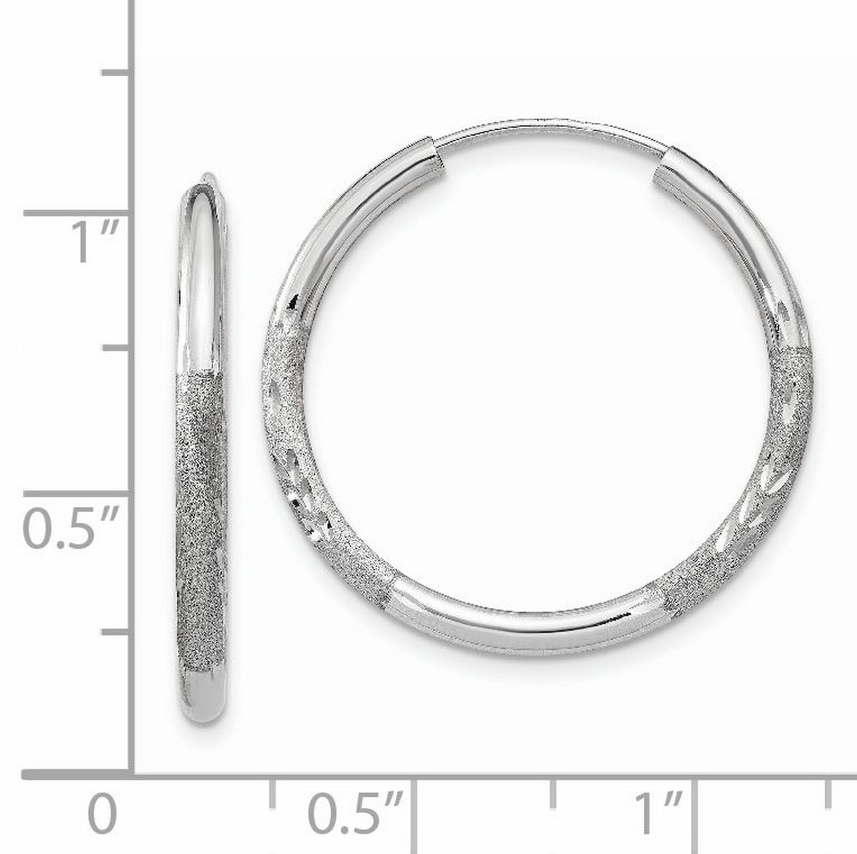 14k White Gold Hoop Earrings, Diamond Cut Textured Polished Finish, Lightweight Modern Design