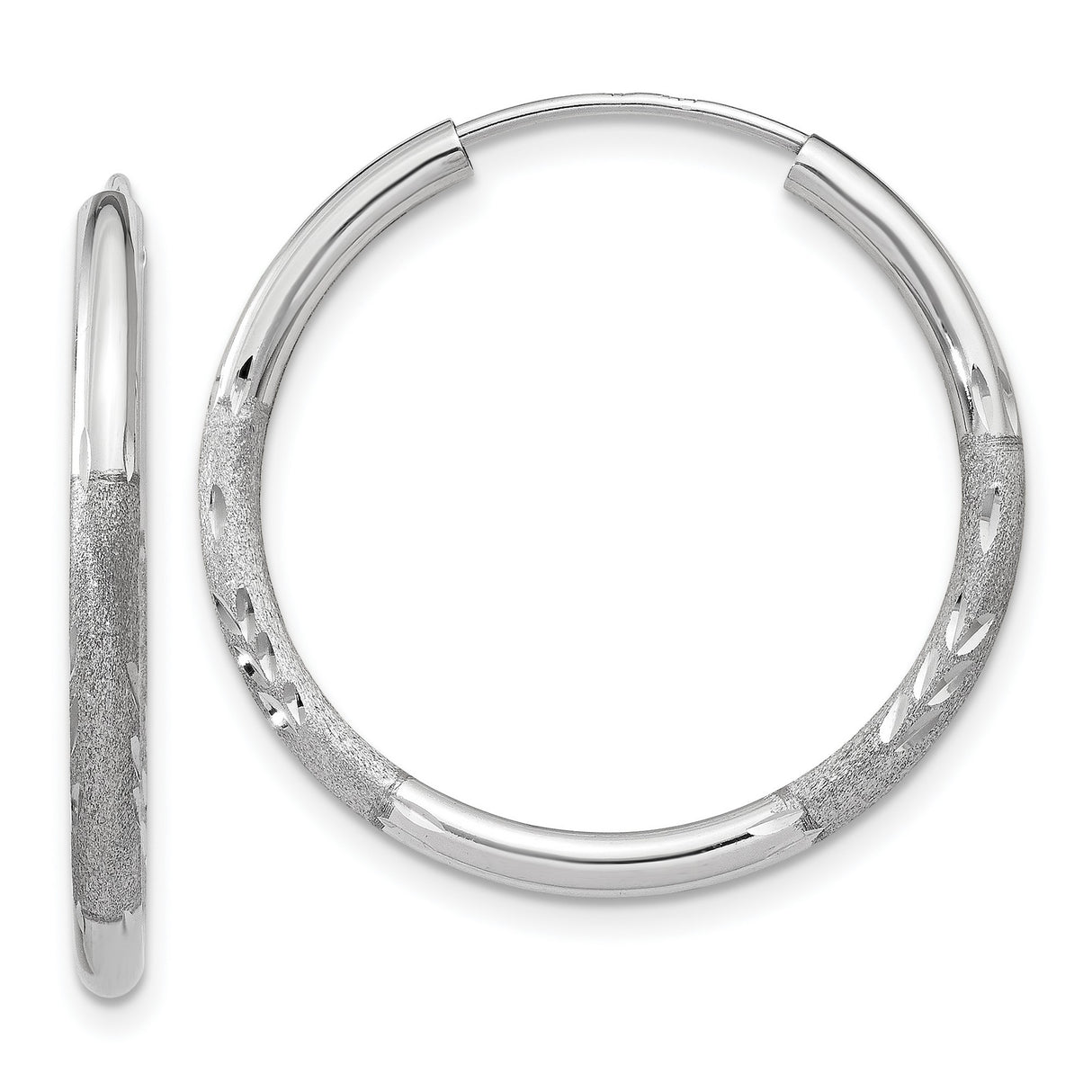 14k White Gold Hoop Earrings, Diamond Cut Textured Polished Finish, Lightweight Modern Design