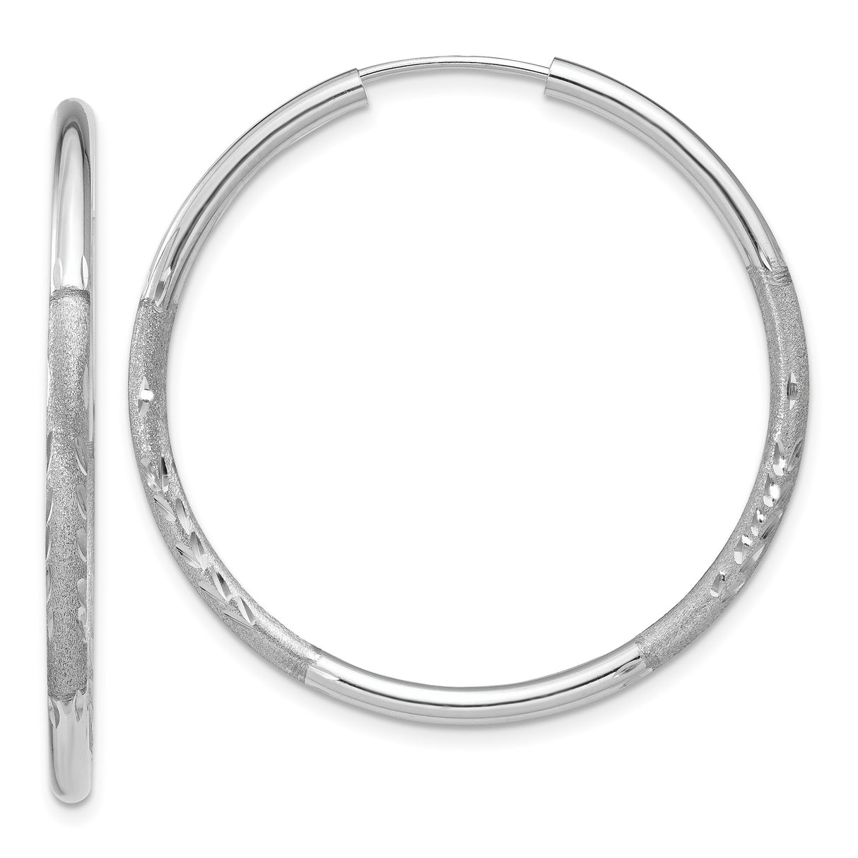 14k White Gold Hoop Earrings, Polished Finish with Diamond Cut Texture, Lightweight Classic Design