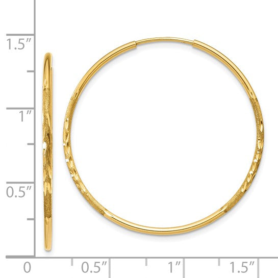 14k Yellow Gold Hoop Earrings, Lightweight Polished and Textured Diamond Cut Design