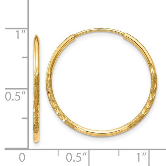 14k Yellow Gold Hoop Earrings with Polished and Textured Diamond Cut Design