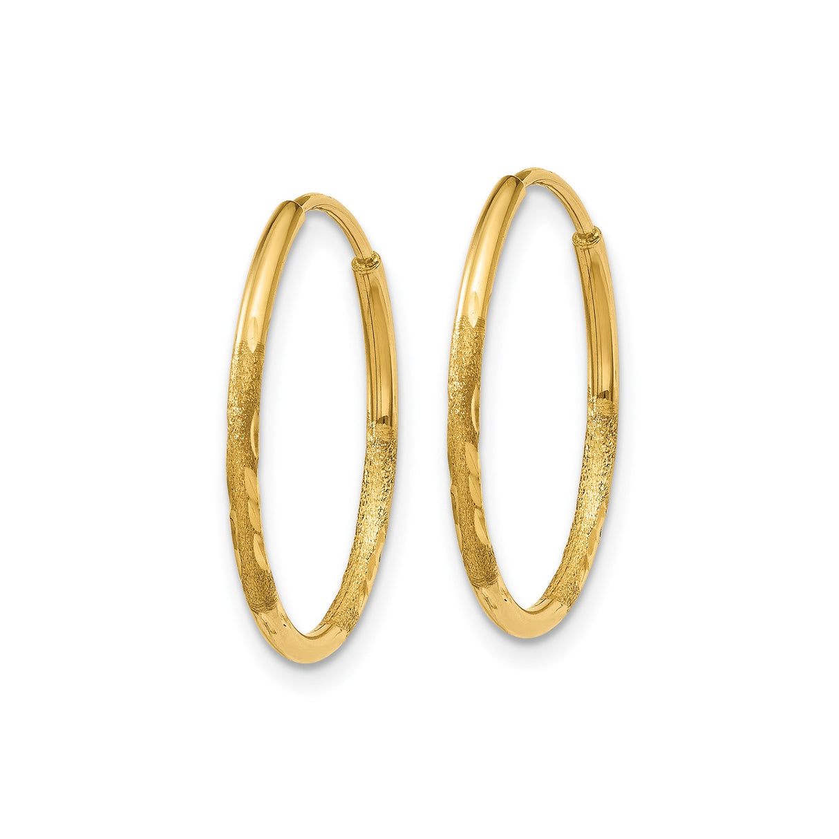 14k Yellow Gold Hoop Earrings, Textured Diamond Cut Satin Finish, Lightweight Endless Style