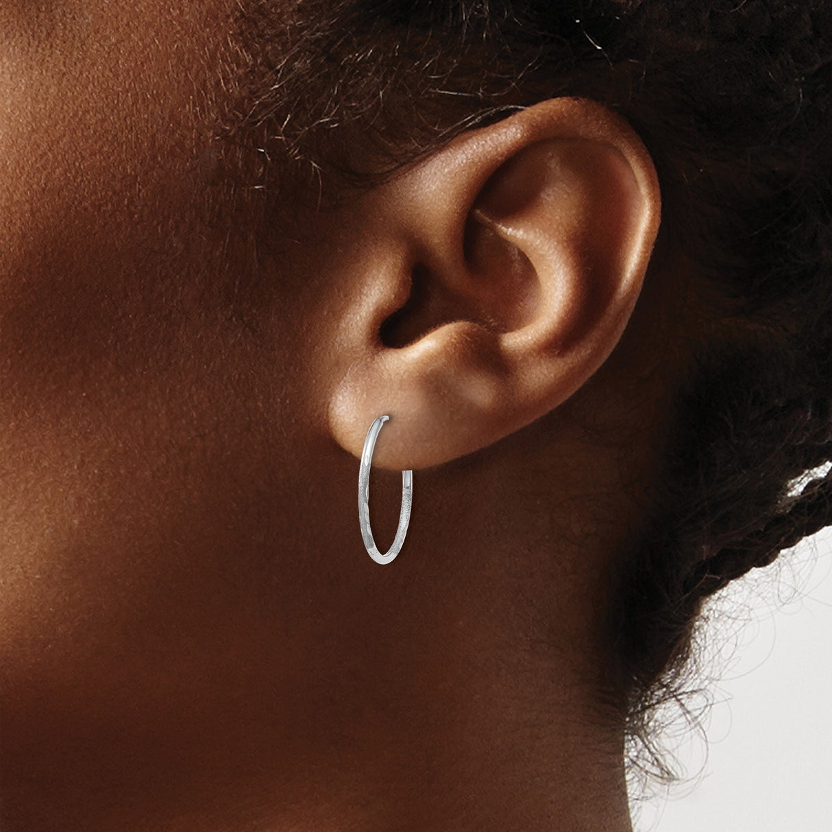 White Gold Hoop Earrings, Diamond Cut Textured Large Lightweight Hoops for Women