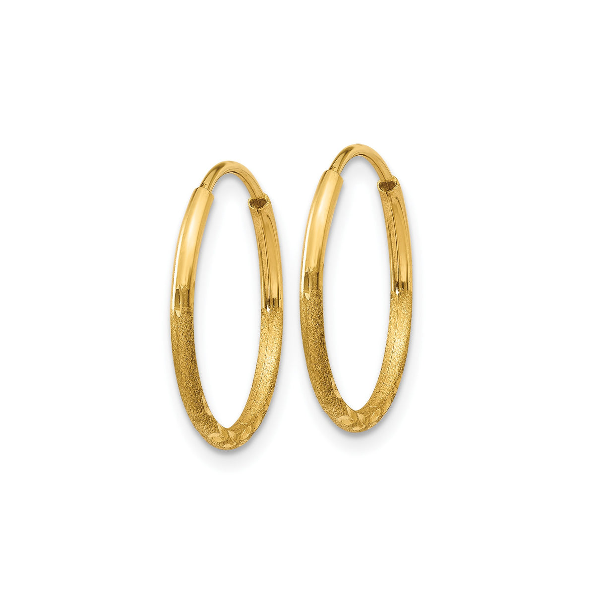 14k Yellow Gold Hoop Earrings with Subtle Diamond Cut Texture, Lightweight Minimalist Design