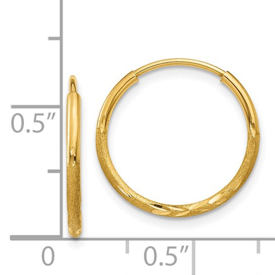 14k Yellow Gold Hoop Earrings with Subtle Diamond Cut Texture, Lightweight Minimalist Design