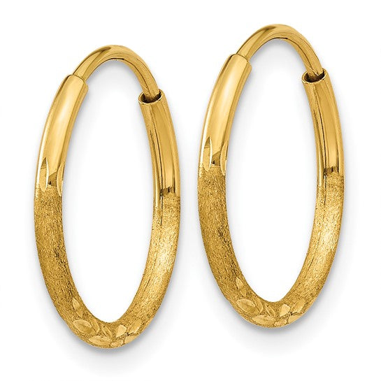 14k Yellow Gold Hoop Earrings, Diamond Cut and Textured Round Design for Women