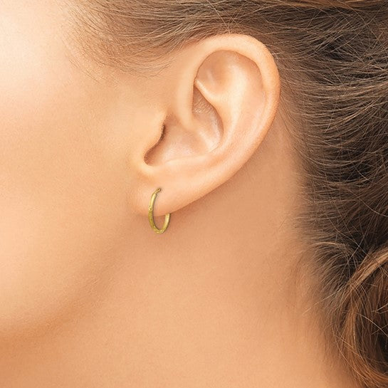 14k Yellow Gold Hoop Earrings, Diamond Cut and Textured Round Design for Women