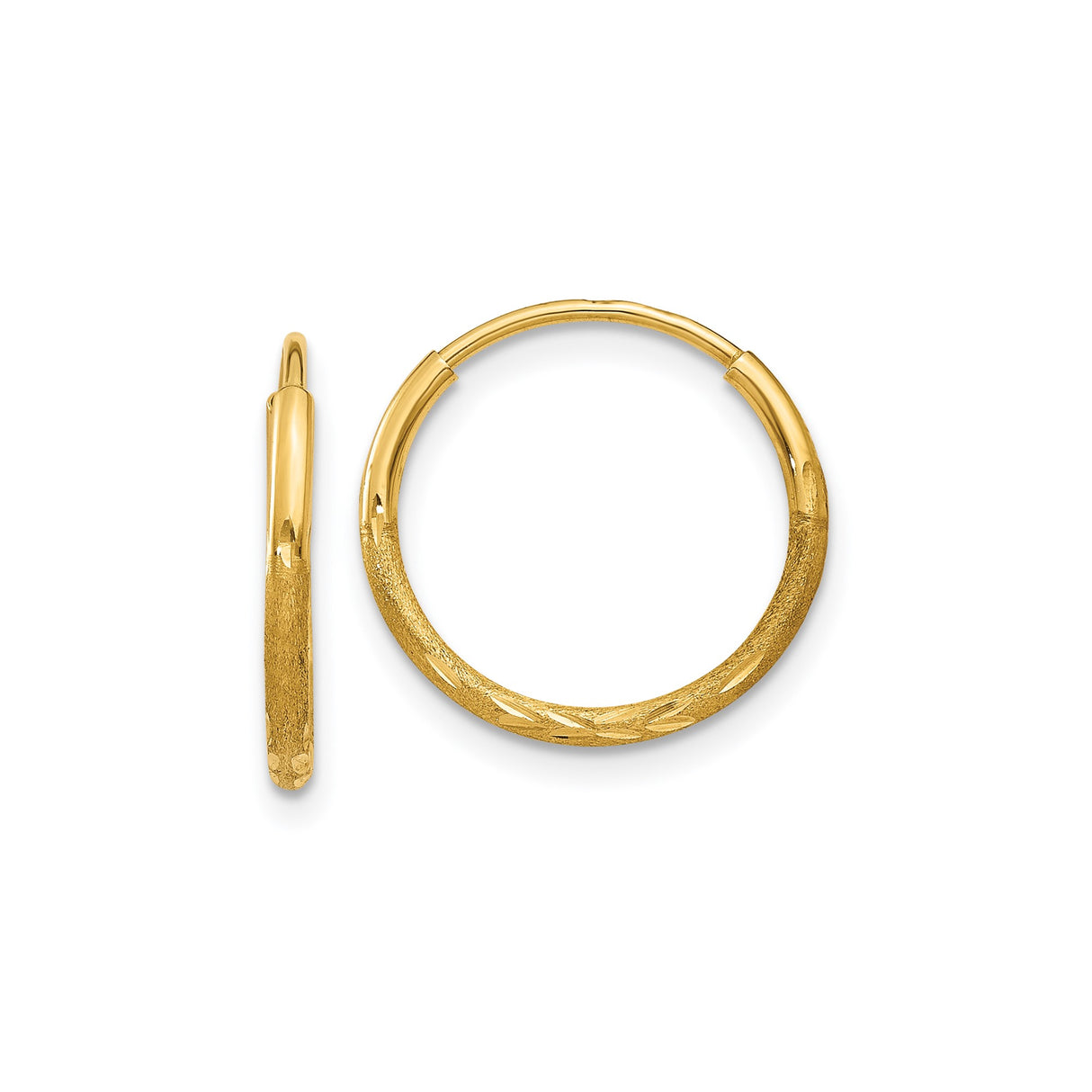 14k Yellow Gold Hoop Earrings, Diamond Cut and Textured Round Design for Women