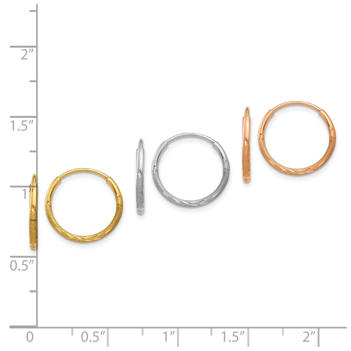 14k Yellow Gold Small Hoop Earrings Set, Diamond Cut Texture in Three Gold Tones for Women