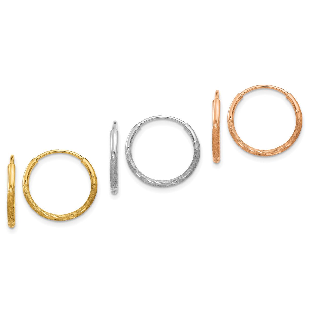 14k Yellow Gold Small Hoop Earrings Set, Diamond Cut Texture in Three Gold Tones for Women