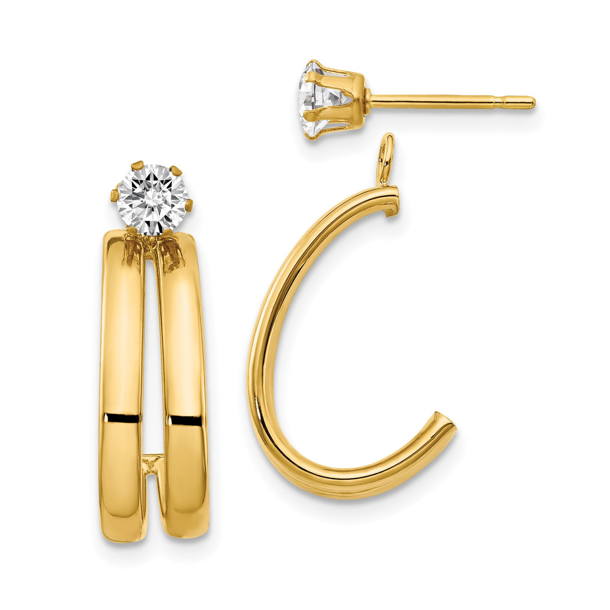 14k Yellow Gold Double Hoop Earring Jackets with Round Cubic Zirconia Studs for Women