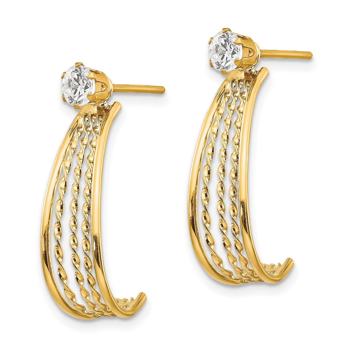 14k Yellow Gold Dangle Earrings with Cubic Zirconia, Twisted Rope Design, Lightweight Drop Hoops