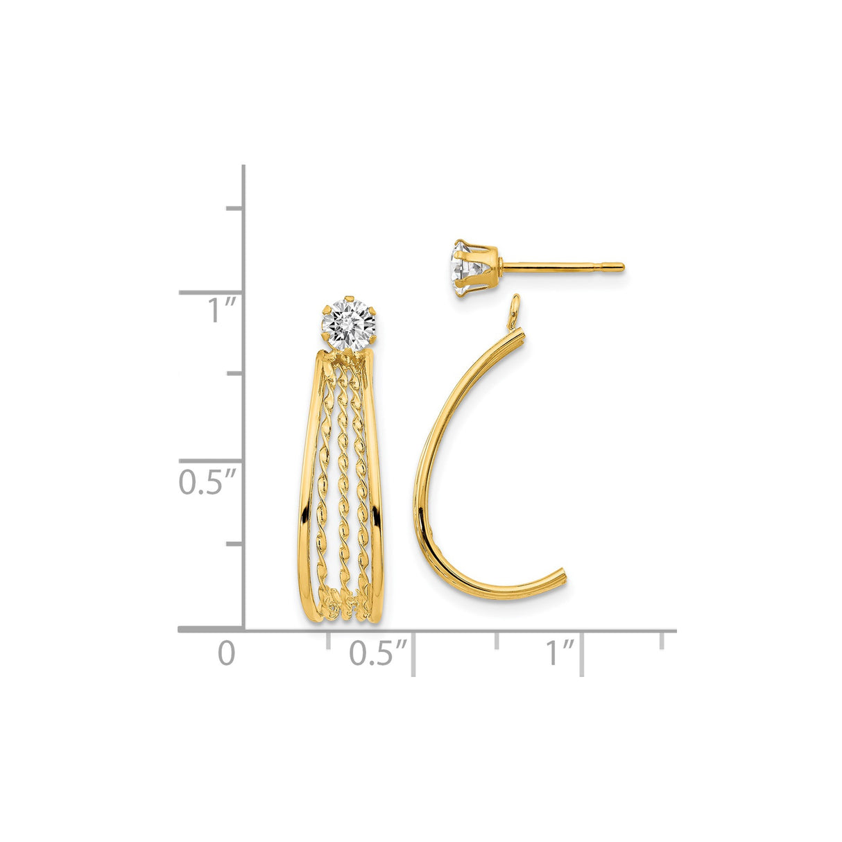 14k Yellow Gold Dangle Earrings with Cubic Zirconia, Twisted Rope Design, Lightweight Drop Hoops
