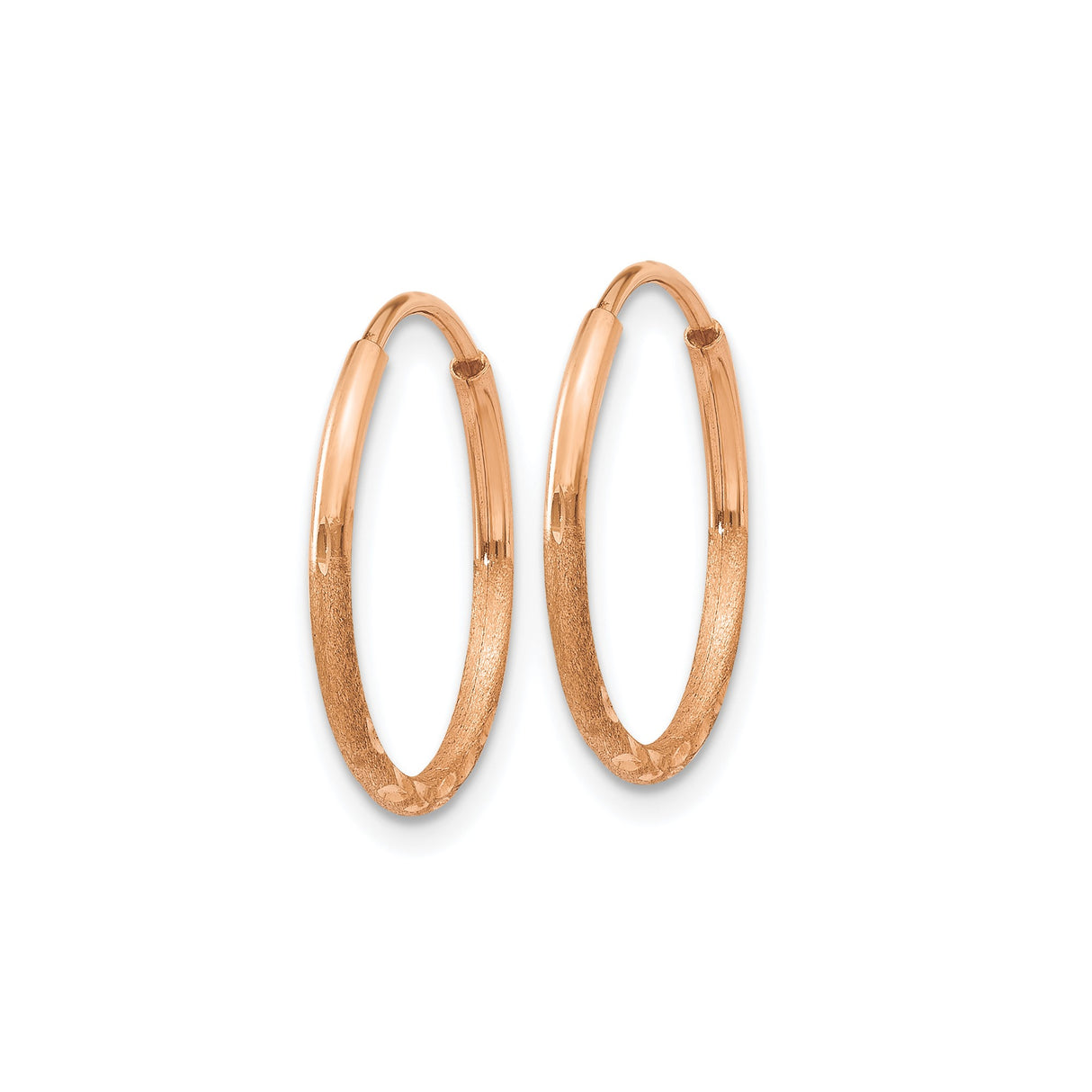 14k Rose Gold Hoop Earrings, Diamond Cut Textured Round Hoops with Polished Finish