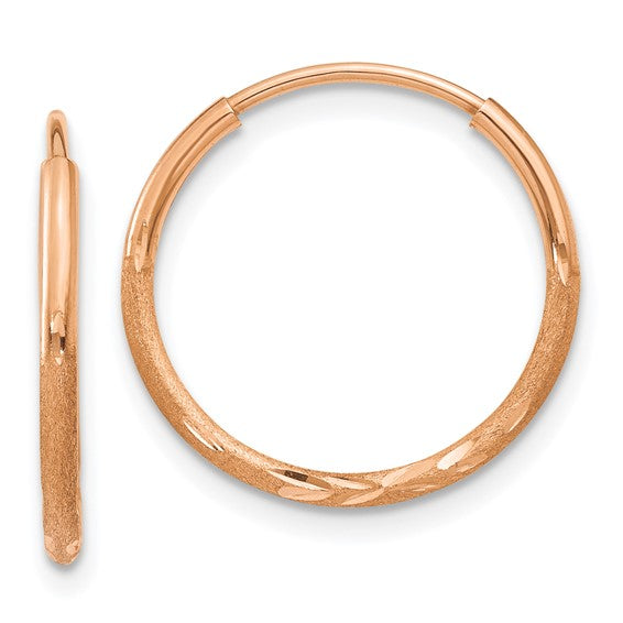 14k Rose Gold Hoop Earrings, Diamond Cut Textured Round Hoops with Polished Finish