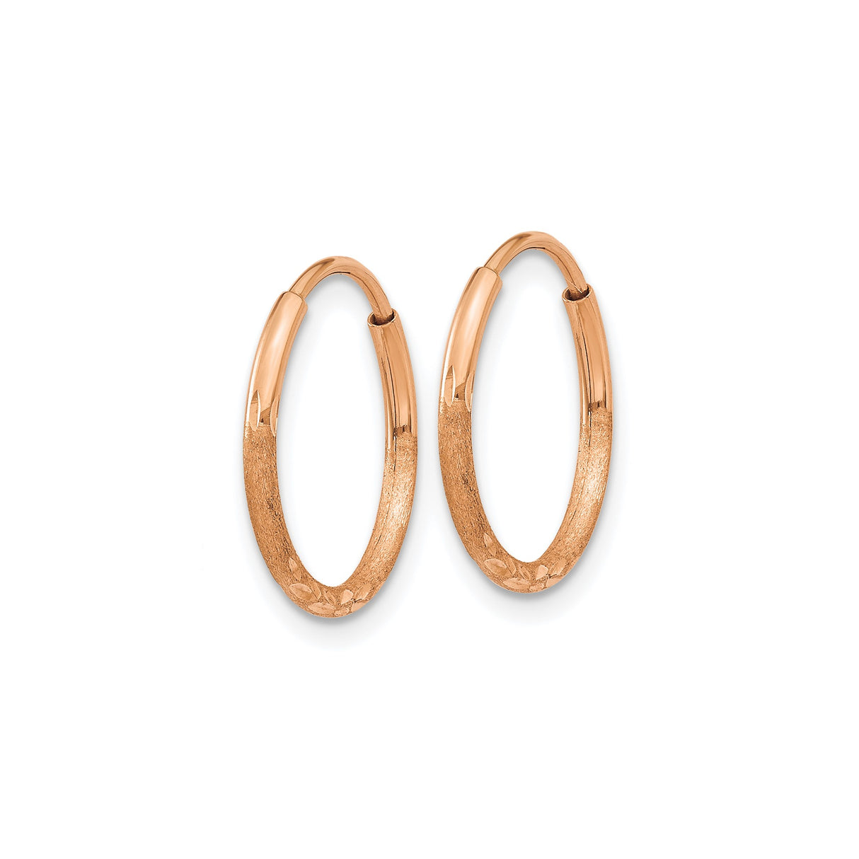 14k Rose Gold Hoop Earrings, Textured Diamond-Cut Leaf Pattern, Lightweight Polished Finish