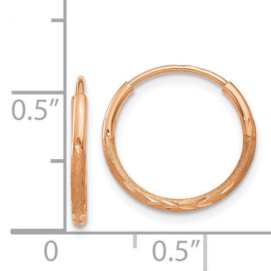 14k Rose Gold Hoop Earrings, Textured Diamond-Cut Leaf Pattern, Lightweight Polished Finish