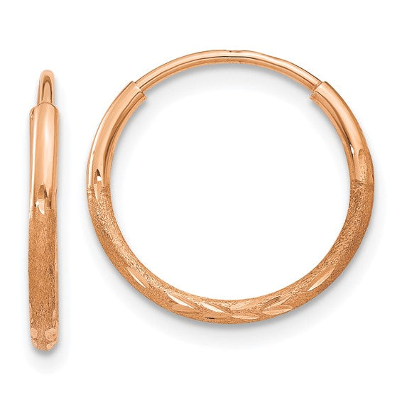 14k Rose Gold Hoop Earrings, Textured Diamond-Cut Leaf Pattern, Lightweight Polished Finish