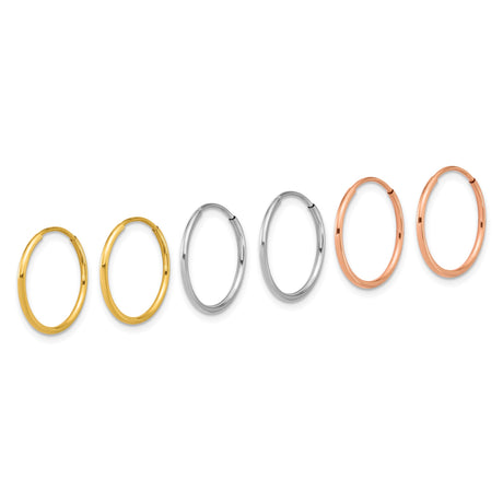 14k Tri Color Gold Hoop Earrings, Yellow, White, Rose, Minimalist Lightweight Design