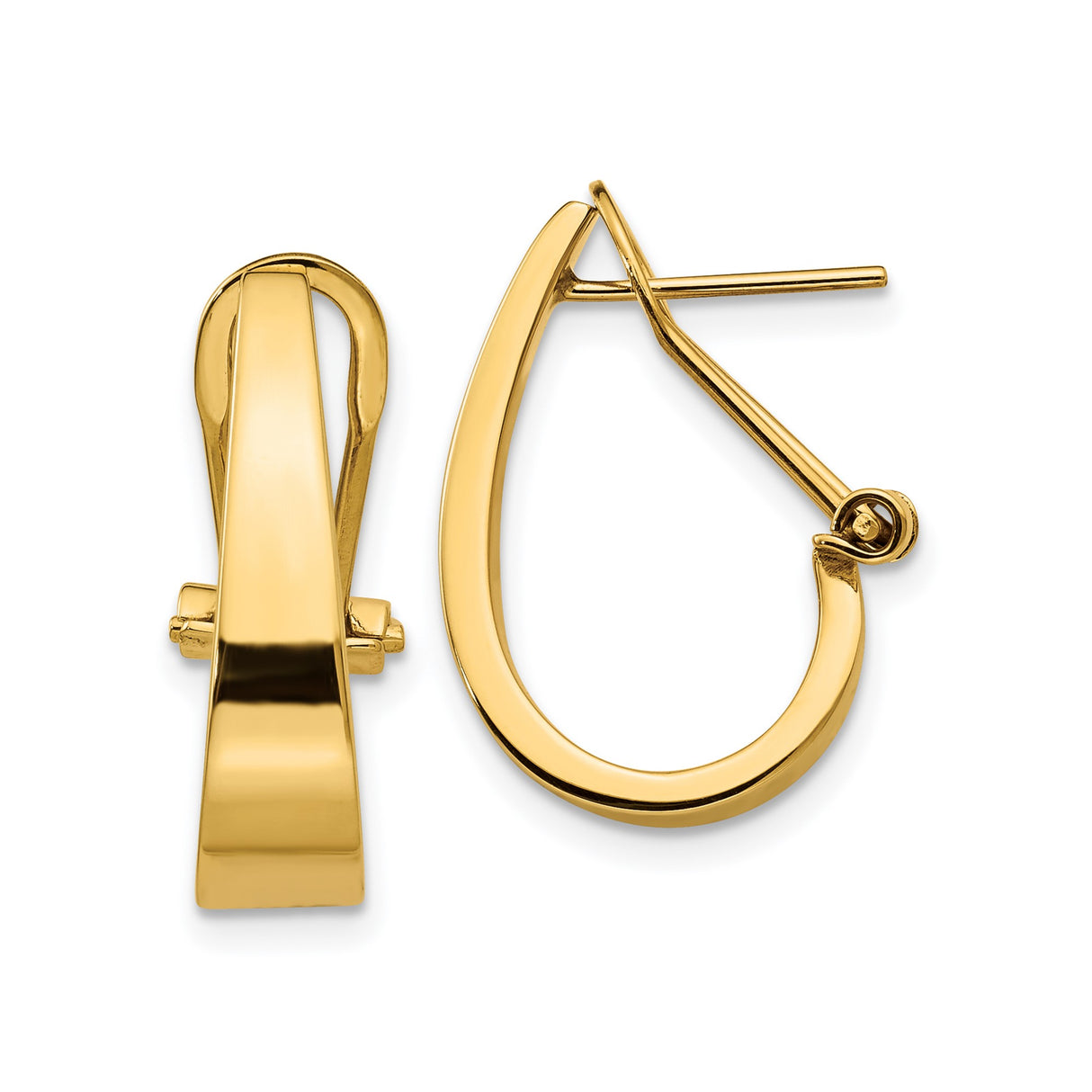 14k Yellow Gold Teardrop Hoop Earrings with Hinged Back and Polished Tapered Design for Women