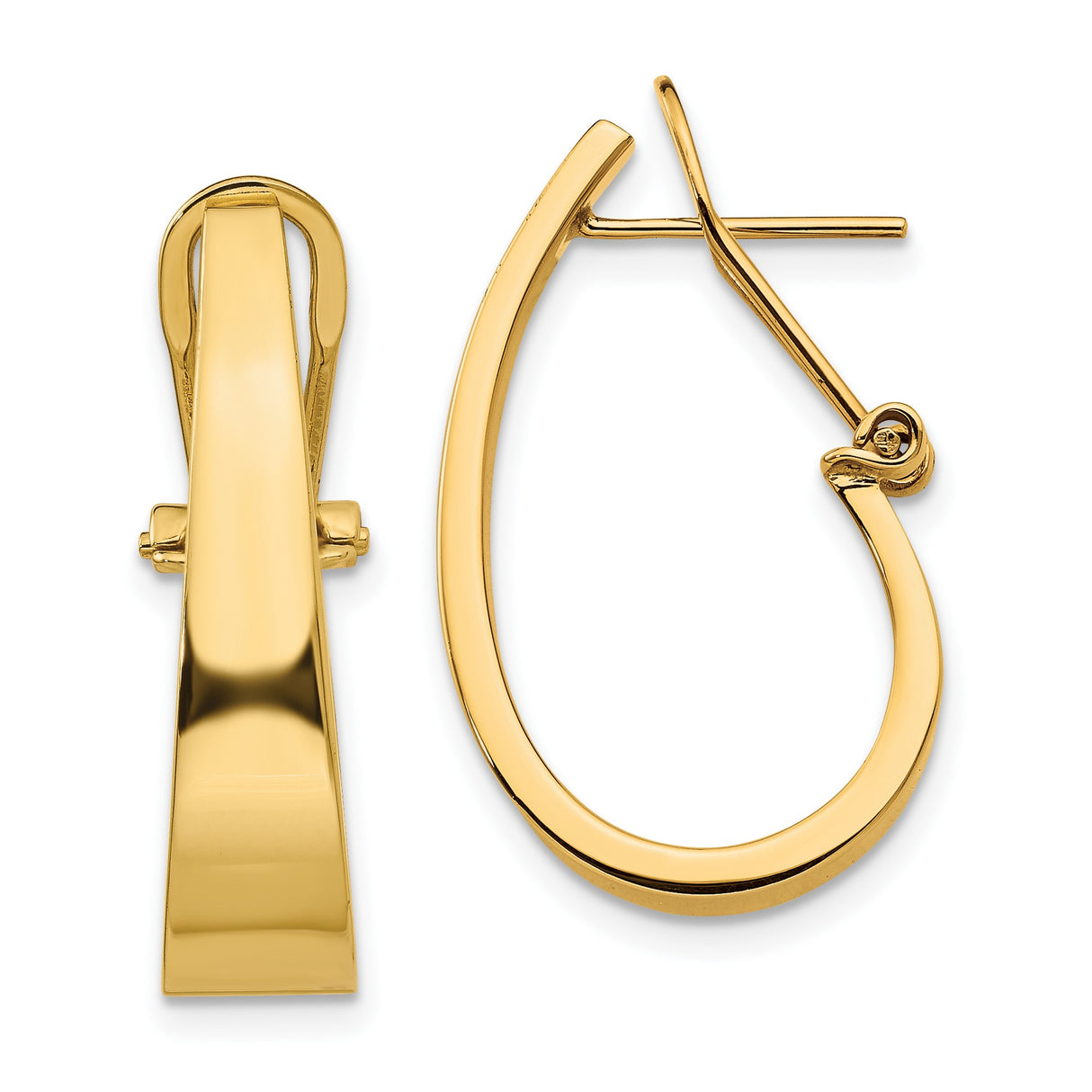 14k Yellow Gold Teardrop Hoop Earrings, Polished J-Hoop Style with Omega Back for Women