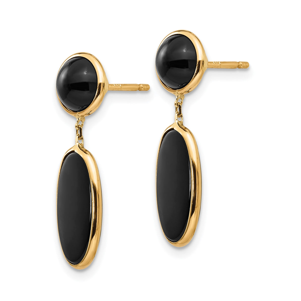 14k Yellow Gold Dangle Earrings with Oval and Round Onyx, Modern Drop Design for Women