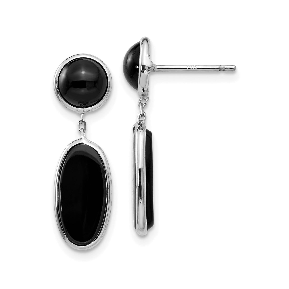 14k White Gold Dangle Earrings with Black Onyx, Oval and Round Minimalist Drop Design
