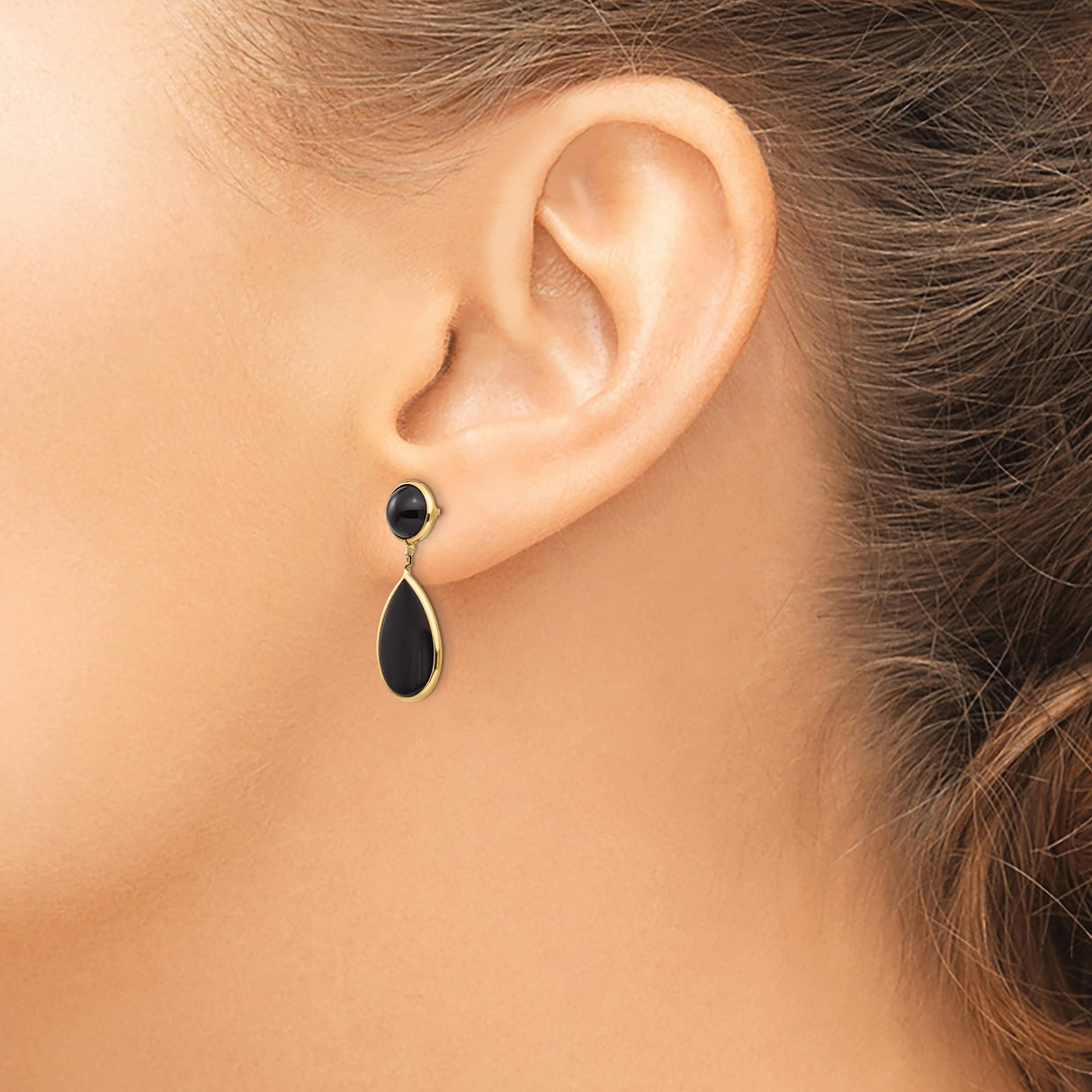 14k Yellow Gold Dangle Earrings with Black Onyx Teardrop and Round Design