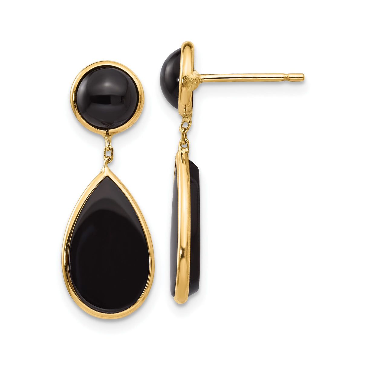 14k Yellow Gold Dangle Earrings with Black Onyx Teardrop and Round Design