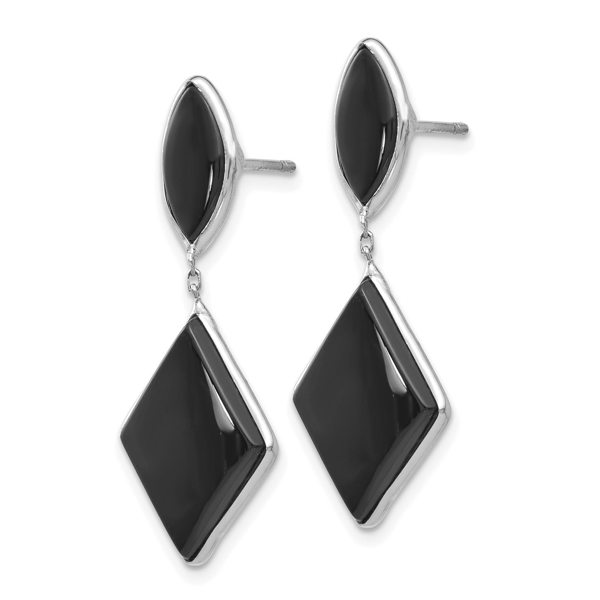 14k White Gold Dangle Earrings with Black Onyx, Diamond Shaped Marquise Drop Style