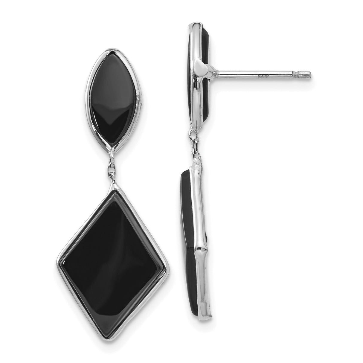 14k White Gold Dangle Earrings with Black Onyx, Diamond Shaped Marquise Drop Style