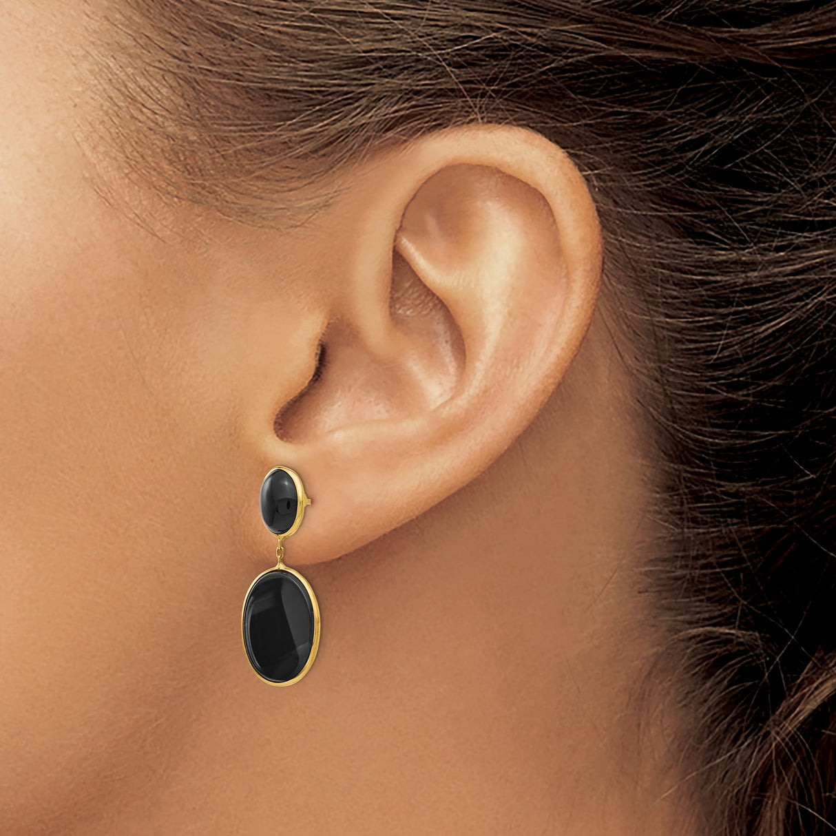 14k Yellow Gold Dangle Earrings with Black Onyx Double Ovals, Modern Minimalist Design