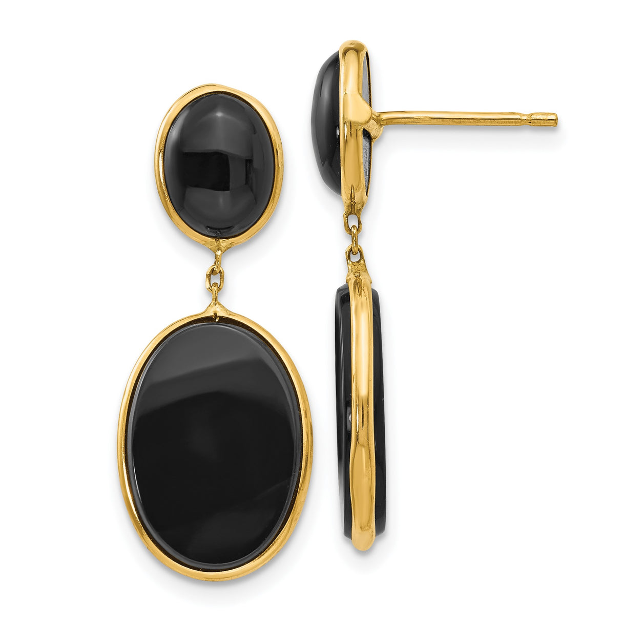 14k Yellow Gold Dangle Earrings with Black Onyx Double Ovals, Modern Minimalist Design