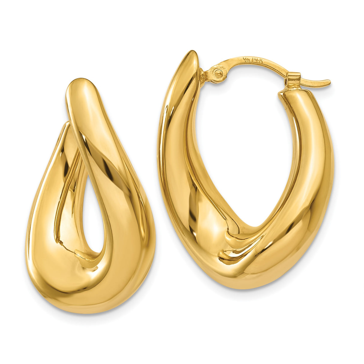 14k Yellow Gold Twisted Teardrop Hoop Earrings, High Polish Sculptural Design for Women