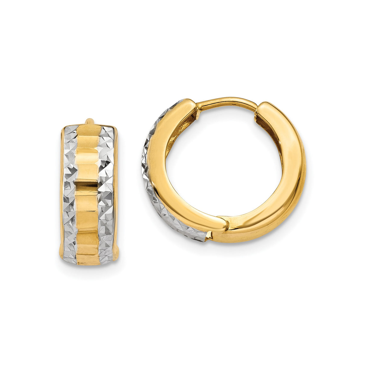 14k Yellow Gold and Rhodium Hoop Earrings, Two-Tone Diamond Cut Huggie Style for Women