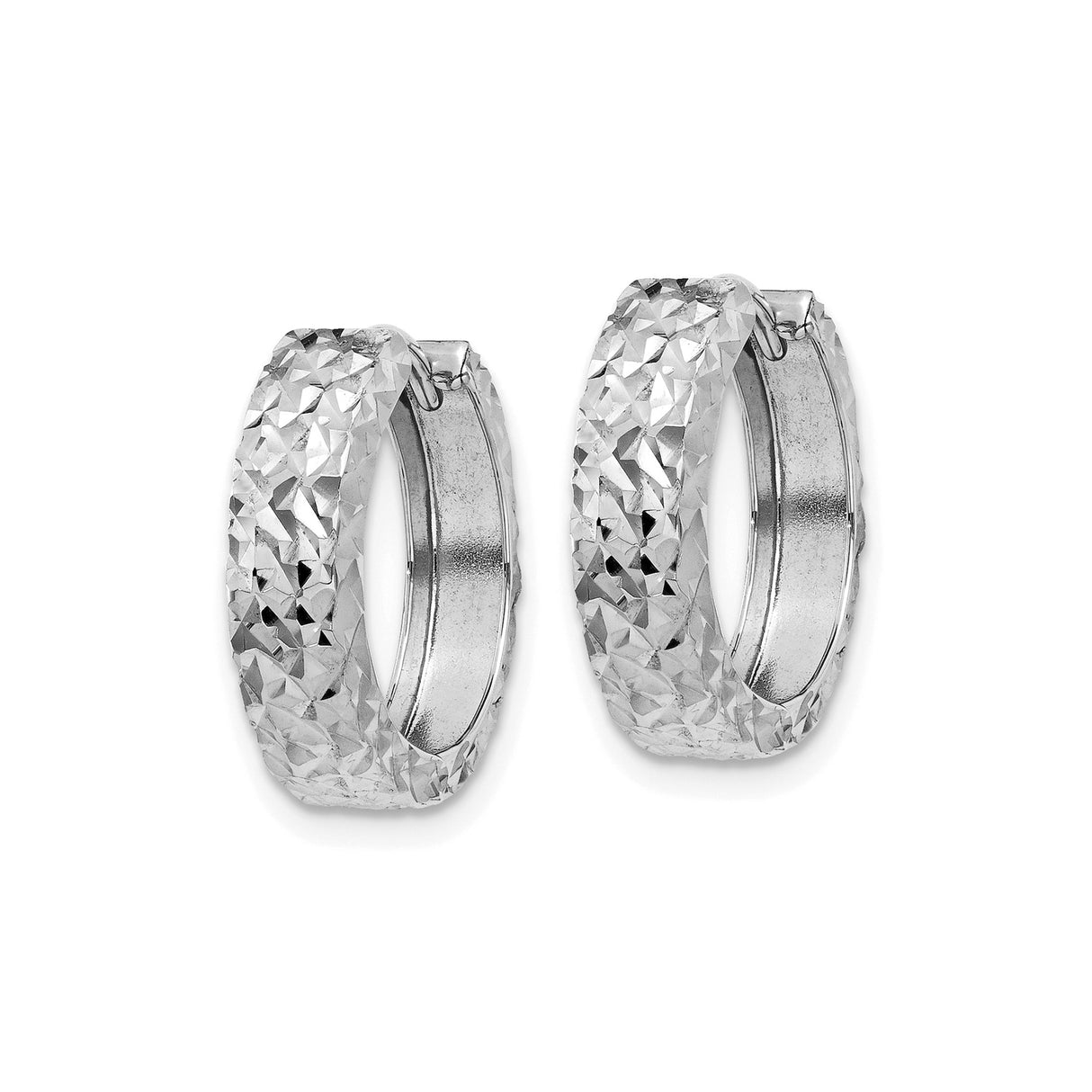 14k White Gold Hoop Earrings with Textured Diamond-Cut Design, Classic Polished Huggie Style