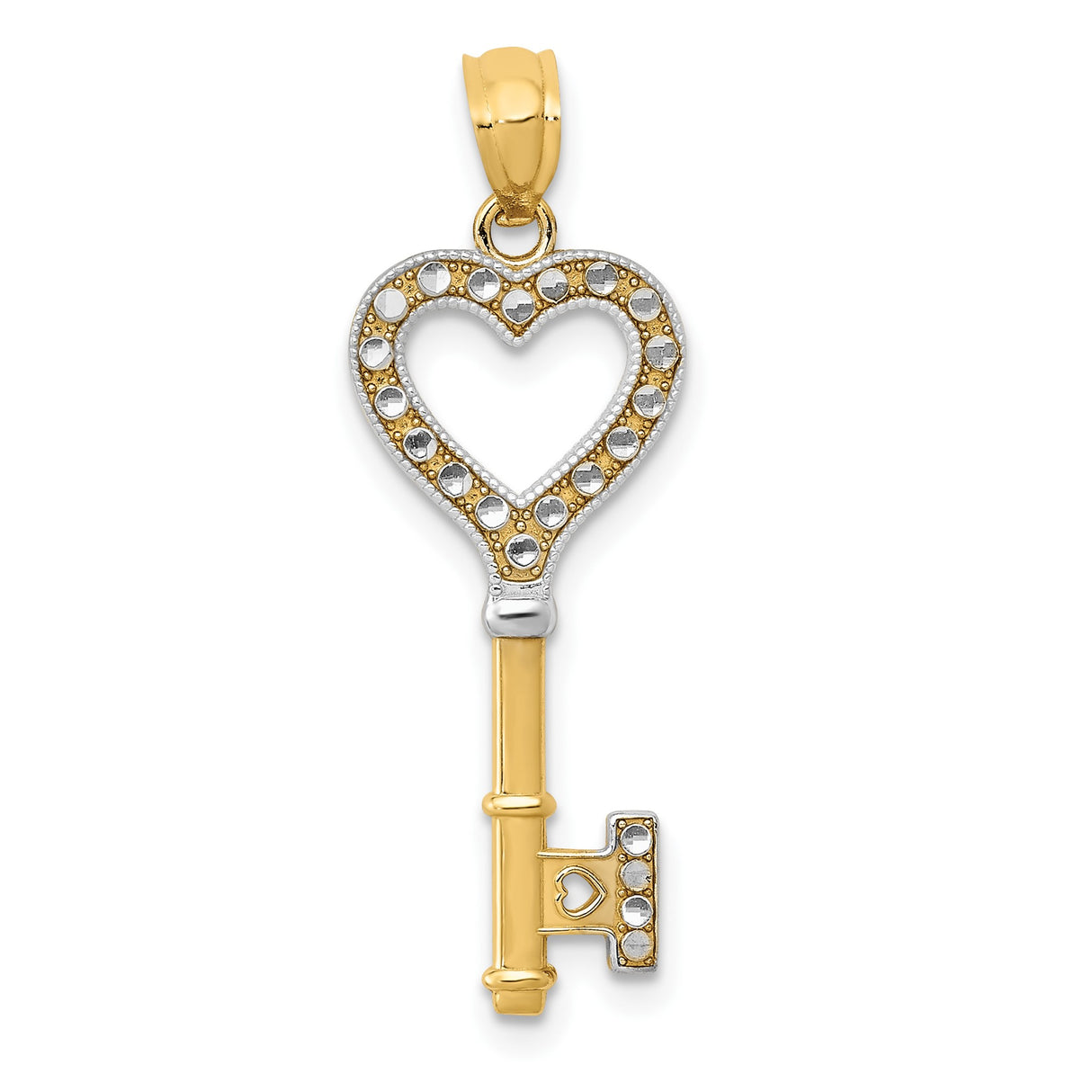 14k Multi-Tone Gold Key Pendant with Heart Shaped Top and Diamond Cut Detailing