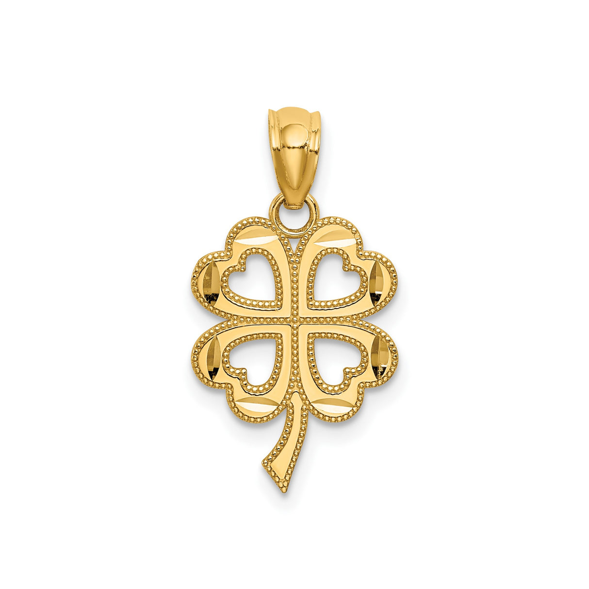14k Yellow Gold Four-Leaf Clover Pendant with Heart-Shaped Leaves, Lucky Charm Jewelry for Women