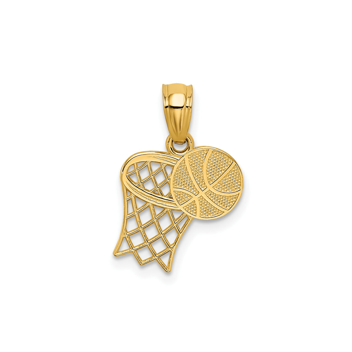 14k Yellow Gold Basketball Pendant with Detailed Net and Ball Design, Sports Jewelry