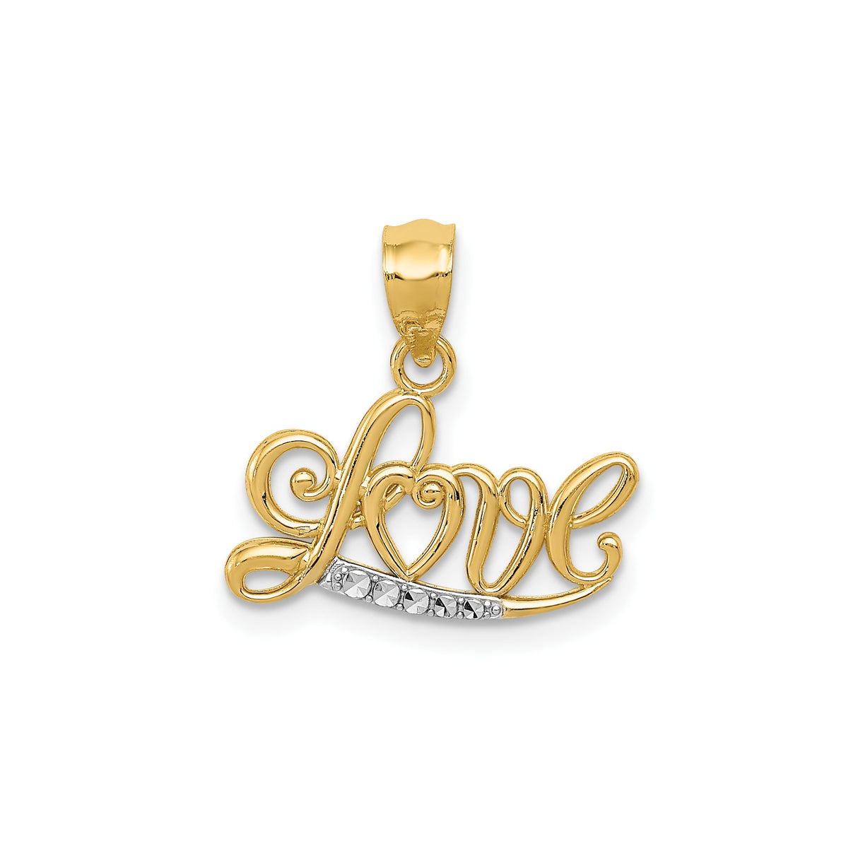 14k Multi-Tone Gold Love Pendant with Heart Script and Diamond Cut Accents for Women