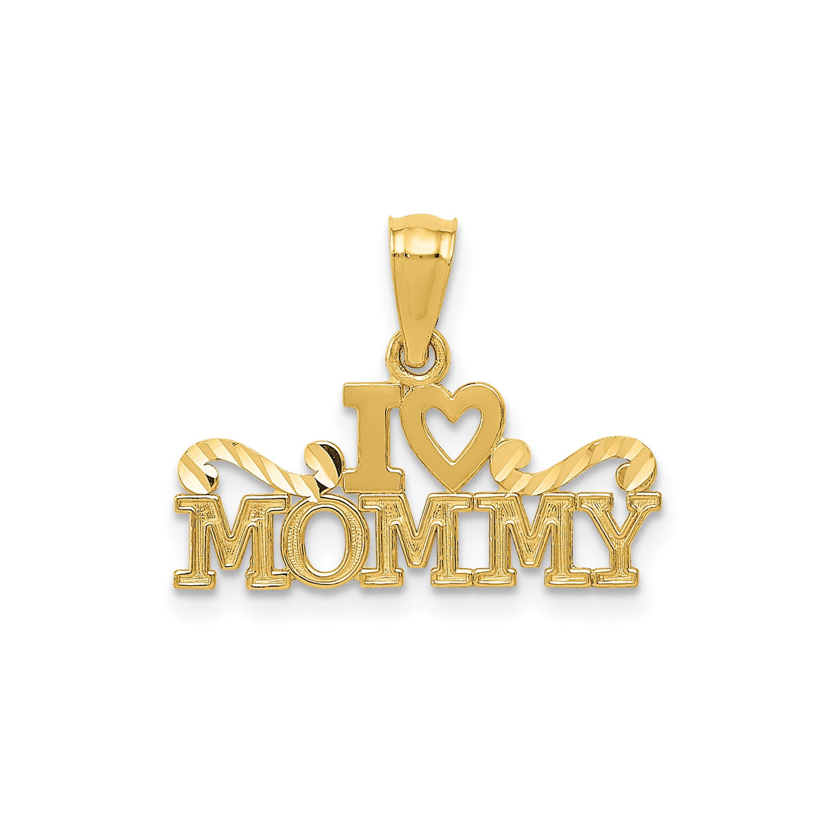 14k Yellow Gold I Heart Mommy Pendant with Swirl Accents, Sentimental Mom Charm