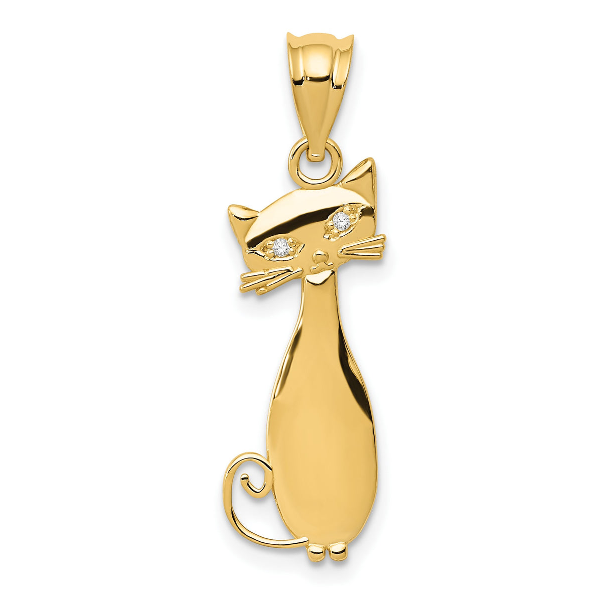 14k Yellow Gold Cat Pendant with Diamond Eyes, Stylized Feline Charm for Women