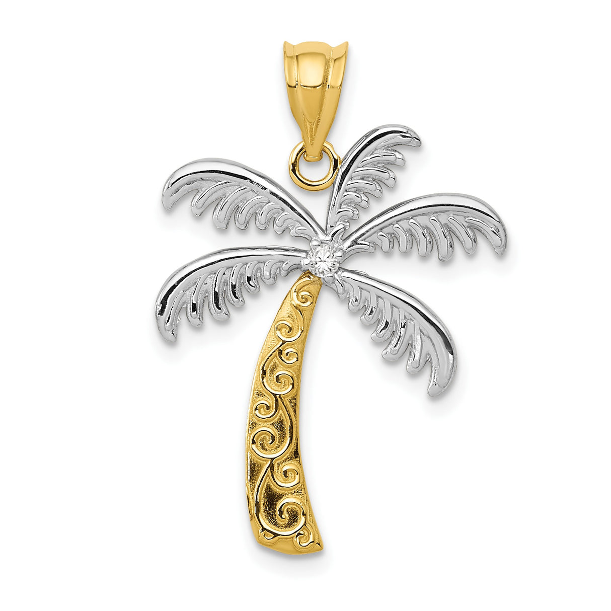 14k Multi-Tone Gold Palm Tree Pendant with Diamond and Scroll Trunk Design