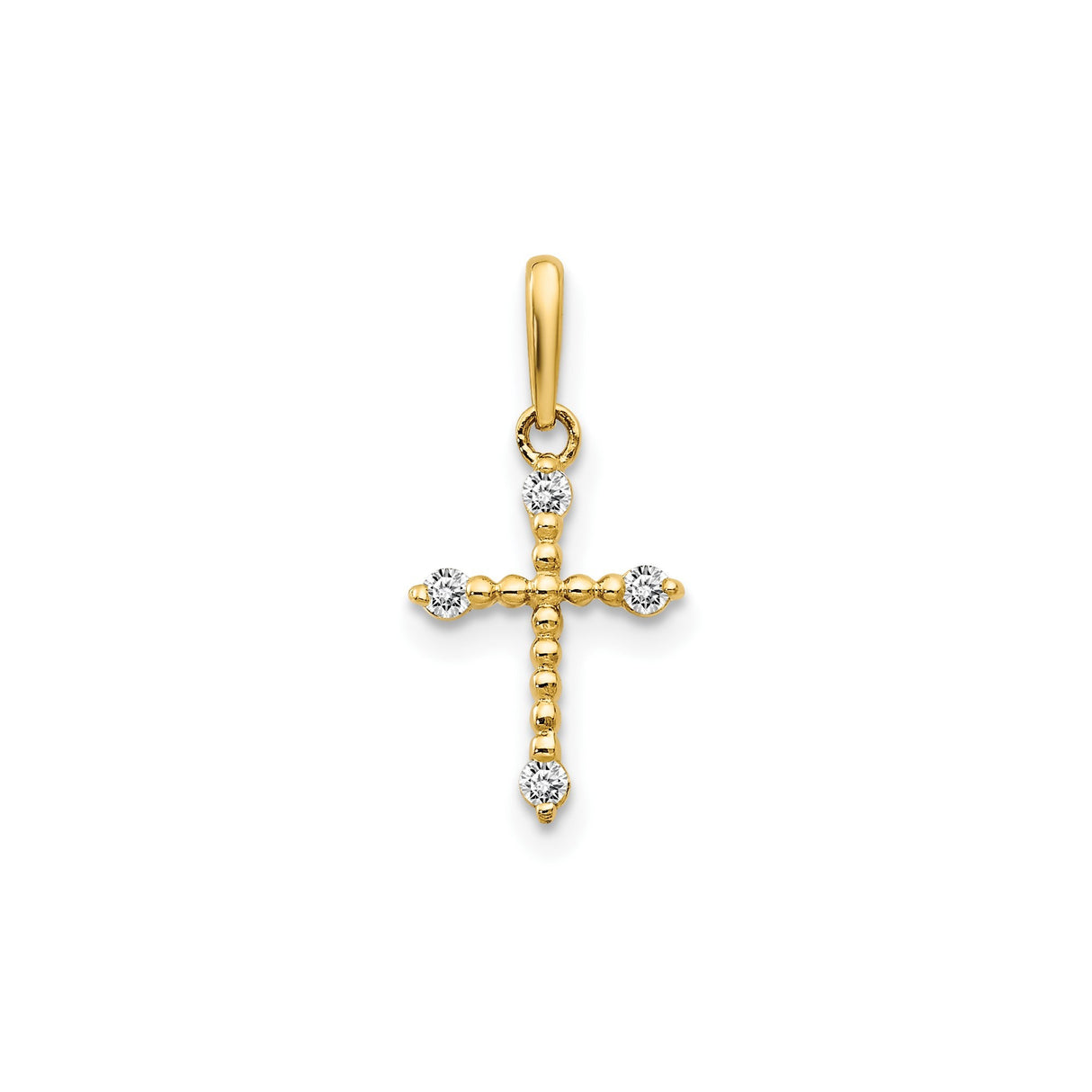 14k Yellow Gold Cross Pendant with Cubic Zirconia and Beaded Detailing for Women