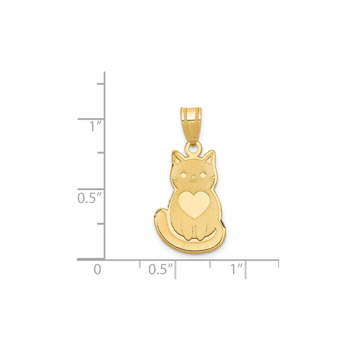 14k Yellow Gold Cat Pendant with Heart, Cute Sitting Kitten Charm for Women or Girls
