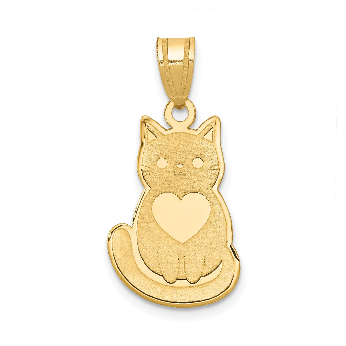 14k Yellow Gold Cat Pendant with Heart, Cute Sitting Kitten Charm for Women or Girls