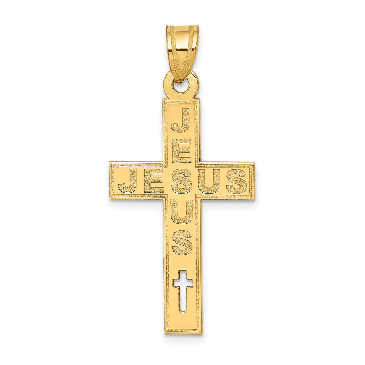 14k Yellow Gold Cross Pendant with Vertical and Horizontal Jesus Name Cutout Design