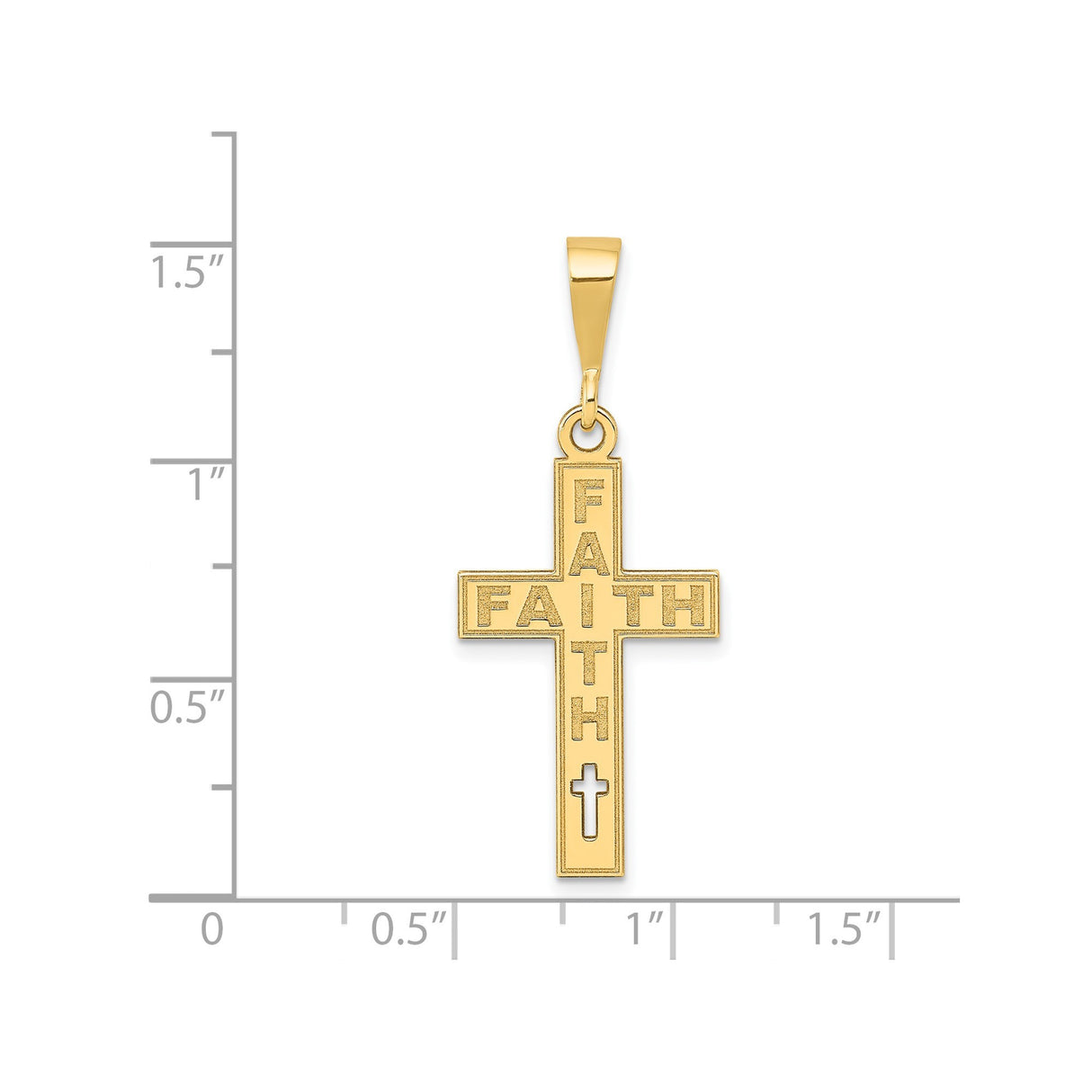 14k Yellow Gold Cross Pendant with Vertical and Horizontal Faith Text and Cutout Detail